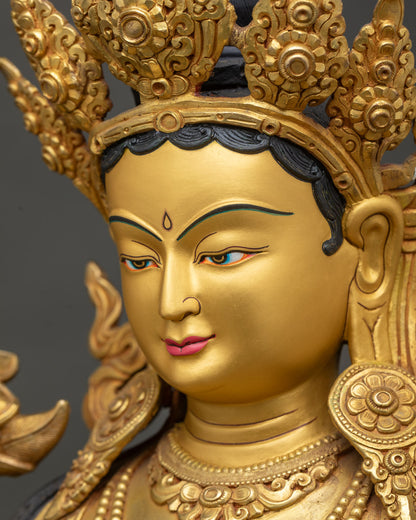 Green Tara Statue Side Face Close Up, 24K Gold Gilded Buddhist Sculpture