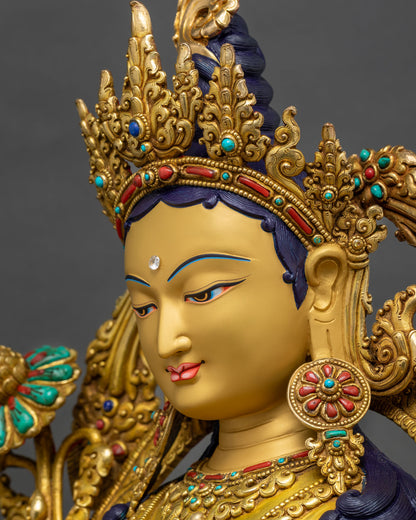 Green Tara Statue side face close-up, five-jeweled crown detail