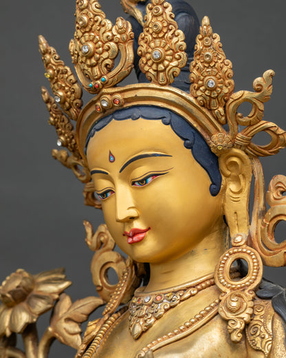 Green Tara Statue side face close-up – gold-gilt crown and jewelry detailing