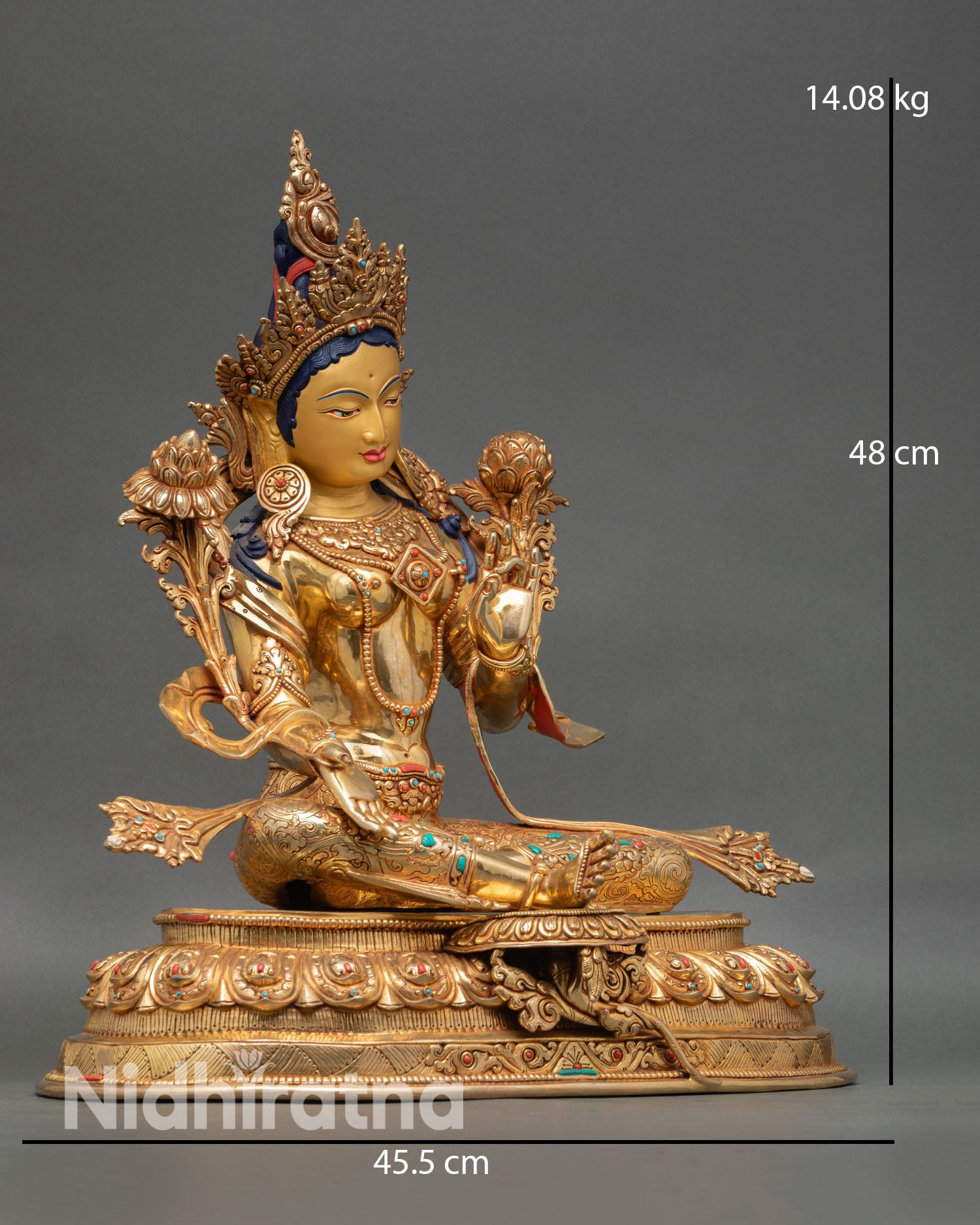Green Tara statue side view authentic Newari craftsmanship Himalayan Buddhist sculpture gold gilded finish ornate jewelry and lotus seat with gemstones