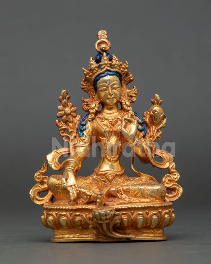 green tara statue with 24k gold fire gilding seated on lotus throne
