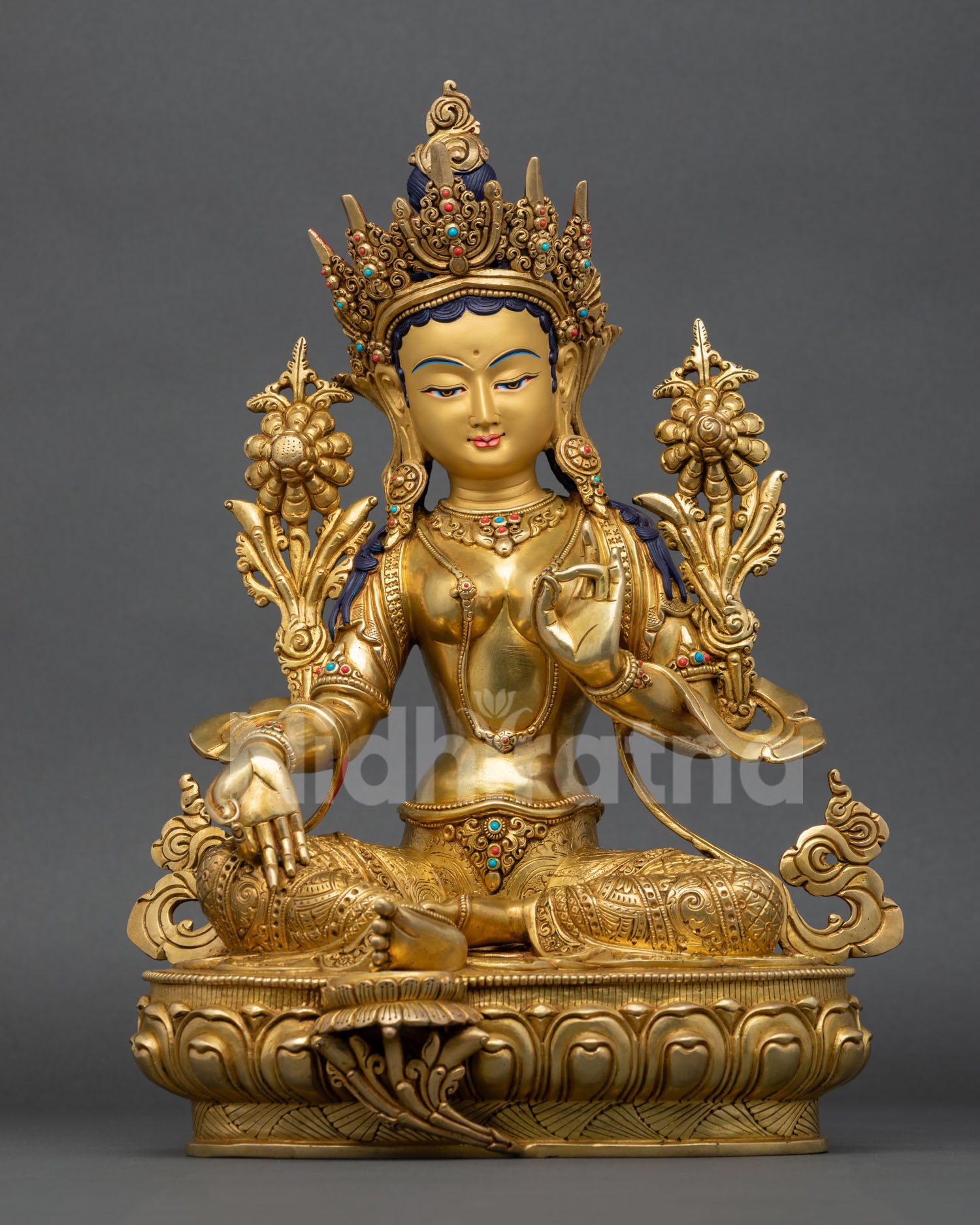 green tara statue with 24k gold gilding, handcrafted buddhist art from nepal