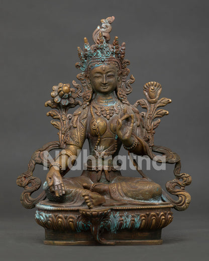 green tara statue with antique oxidized copper finish, handcrafted buddhist sculpture from nepal