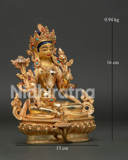 Green Tara Statue with Intricate Buddhist Ornament Details