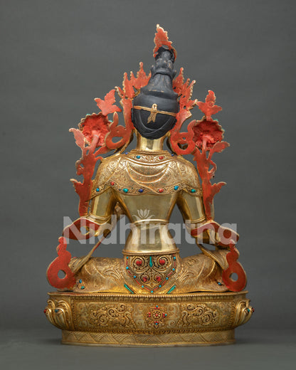 Green Tara statue with intricate ornaments for Buddhist shrine decor