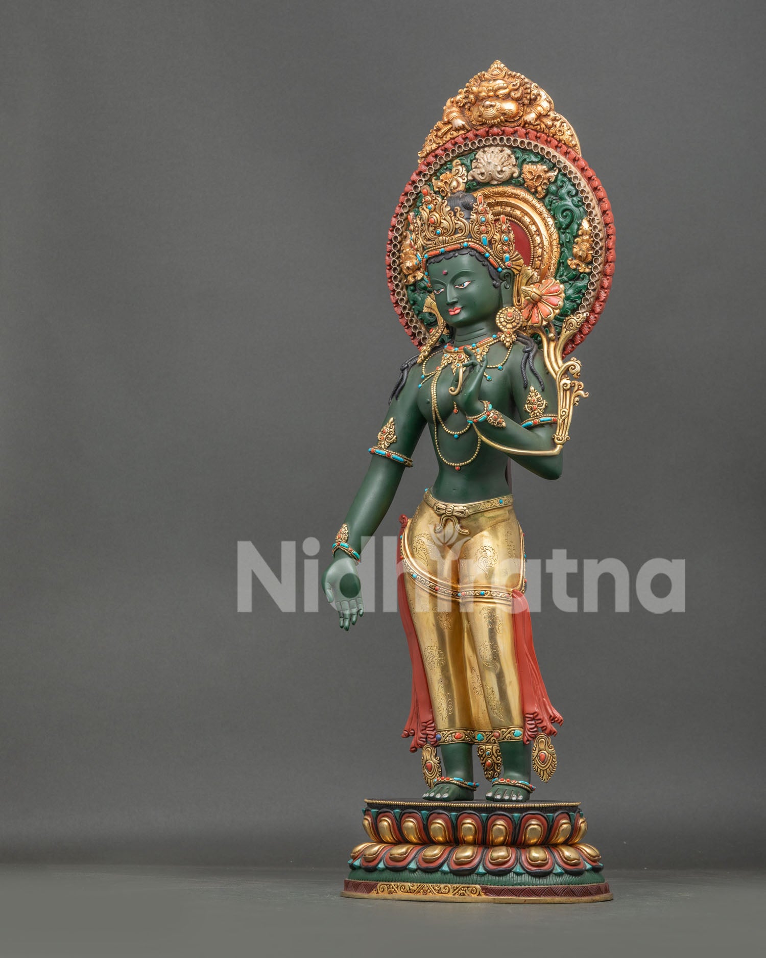 Green Tara Statue with jeweled diadem crown and kirtimukha aureole, Himalayan Buddhist art