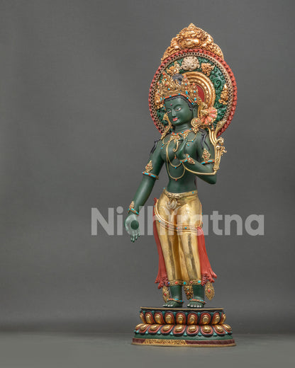 Green Tara Statue with jeweled diadem crown and kirtimukha aureole, Himalayan Buddhist art