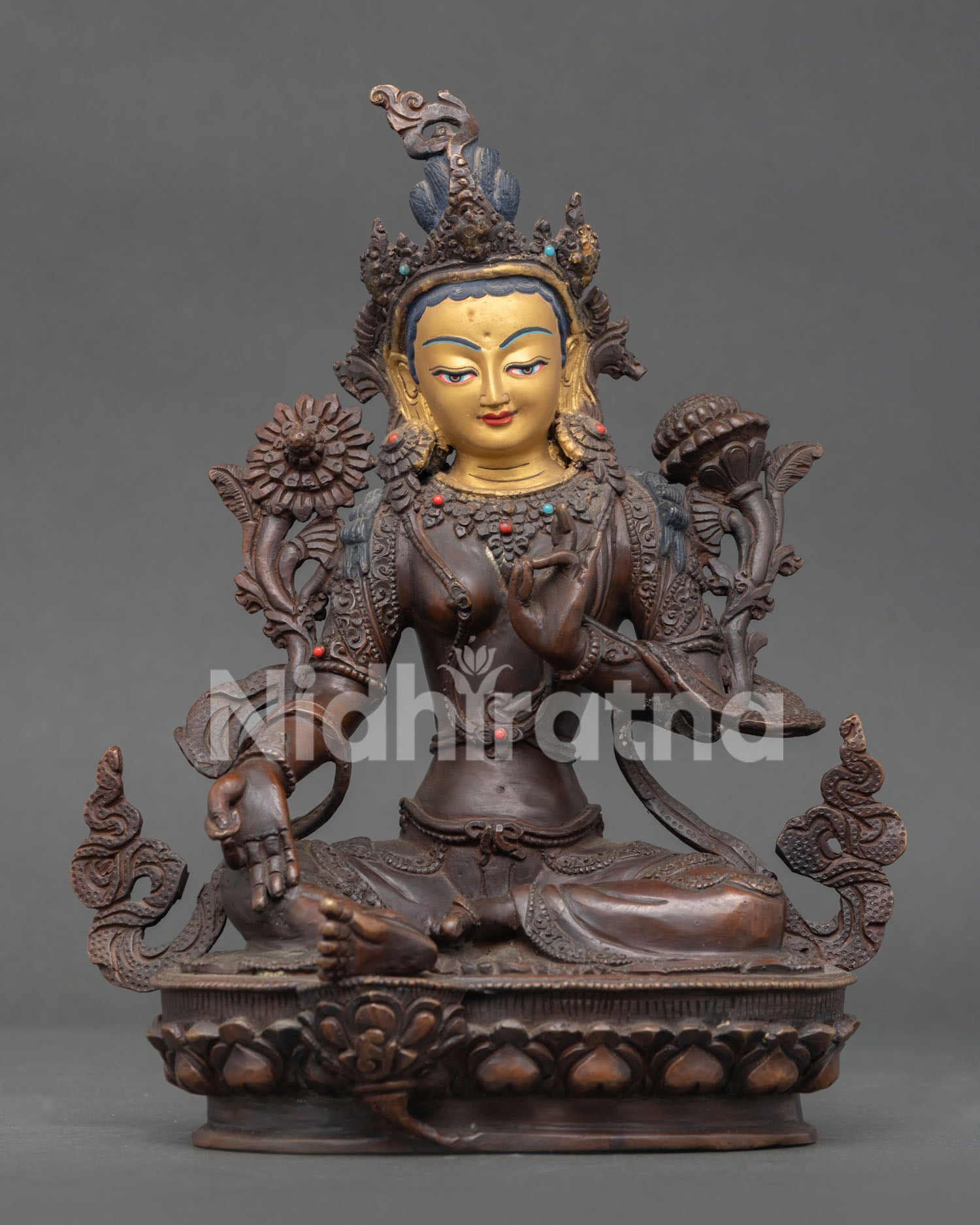Green Tara Statue  with semi precious stones and utpala flower handcrafted in Nepal.