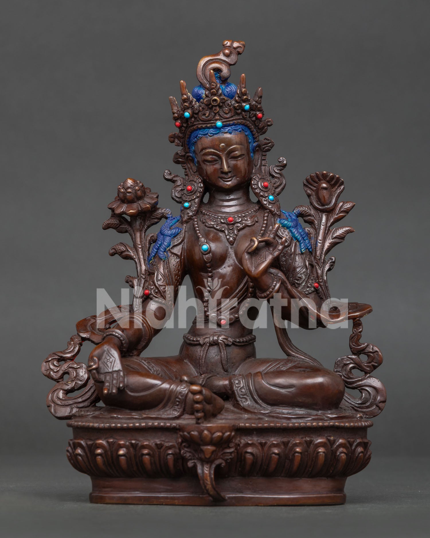 Green Tara statue with traditional Newari craftsmanship and oxidized copper finish
