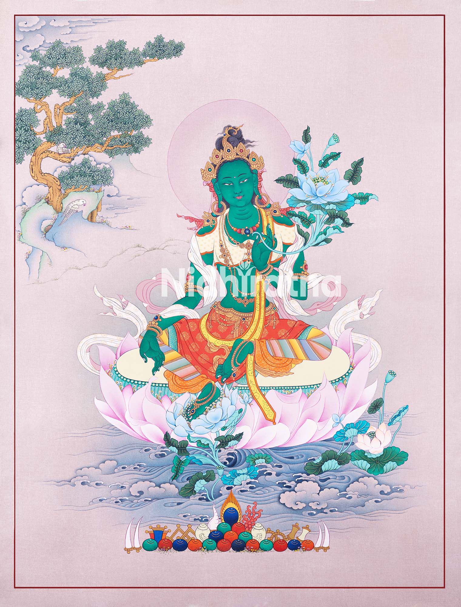 Green Tara Thangka canvas print – full giclée artwork on lotus throne with Himalayan landscape