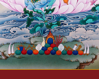 Green Tara Thangka Print base detail with traditional Tibetan offerings