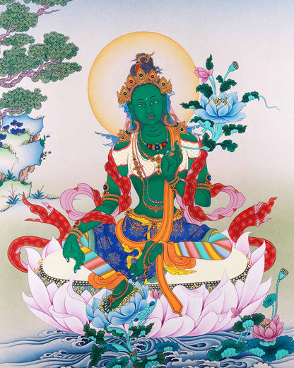Green Tara Thangka Print lalitasana pose with right leg gently extended