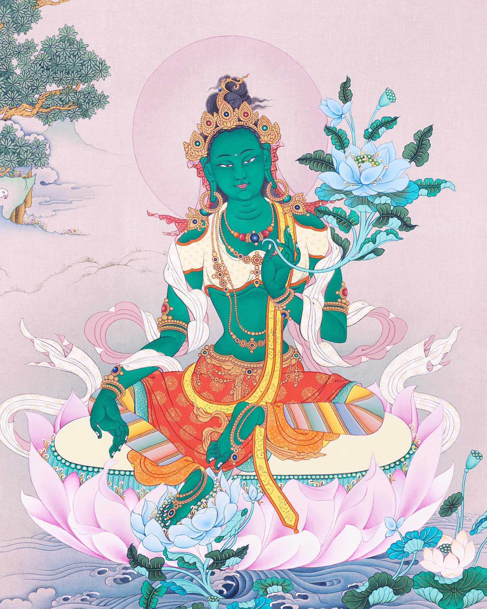 Green Tara Thangka print – seated figure on lotus throne above rippling water