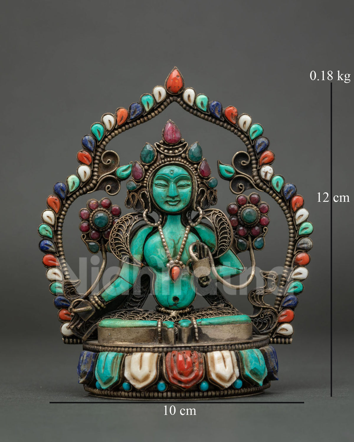 Green Tara turquoise statue front view with gemstone halo and lotus base, handcarved in Nepal