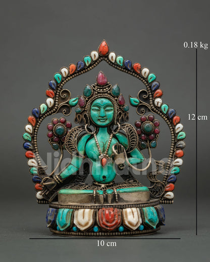 Green Tara turquoise statue front view with gemstone halo and lotus base, handcarved in Nepal