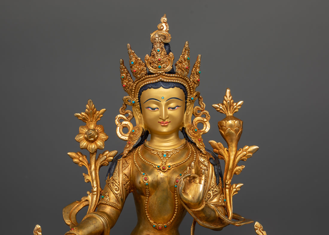 24 karat pure coated face of green tara statue