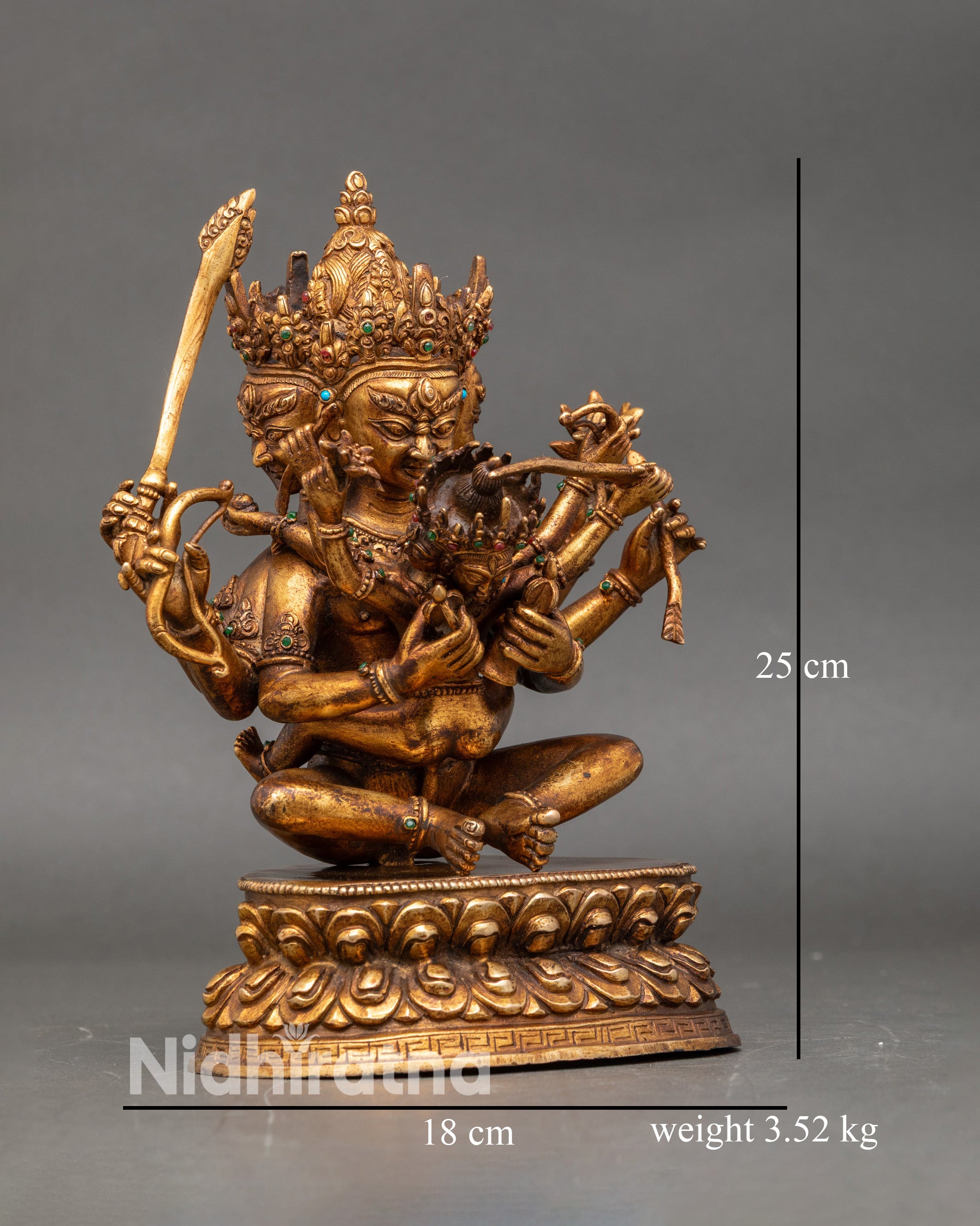Guhyasamaja Manjushri statue left view side intricate copper gold details