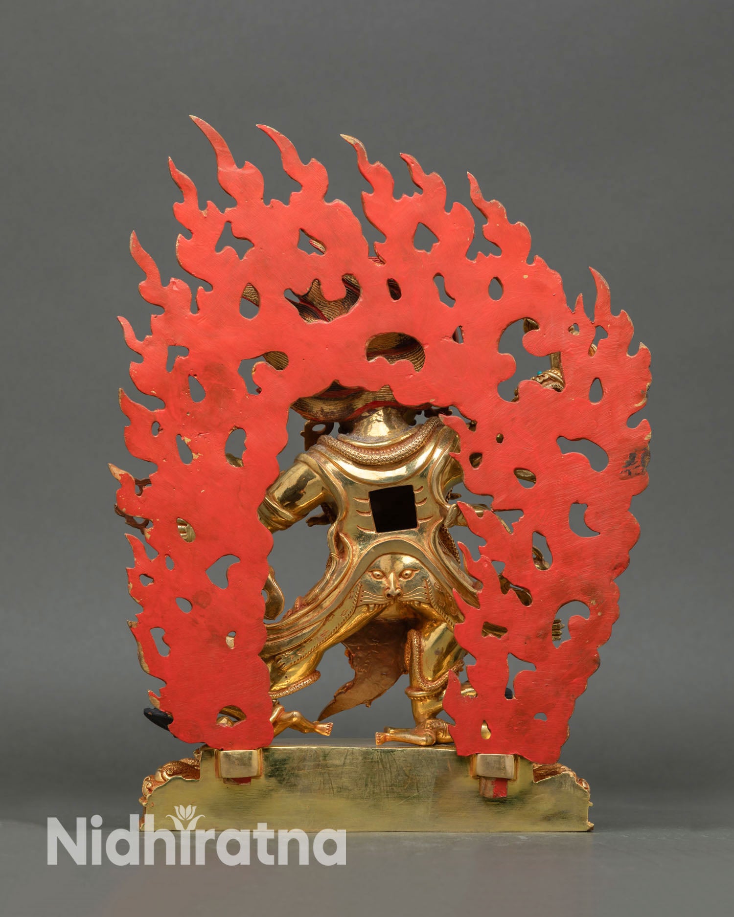 Guru Dragpo, sacred Himalayan statue handmade Newari artisan gold gilded copper sculpture for Buddhist altar meditation and spiritual decor.