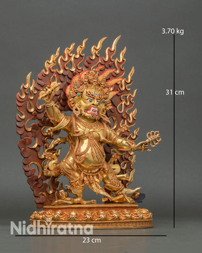 Guru Dragpo side view dynamic dancing posture copper alloy statue with gold fire gilding vajra and scorpion symbolic wrathful protector sculpture.