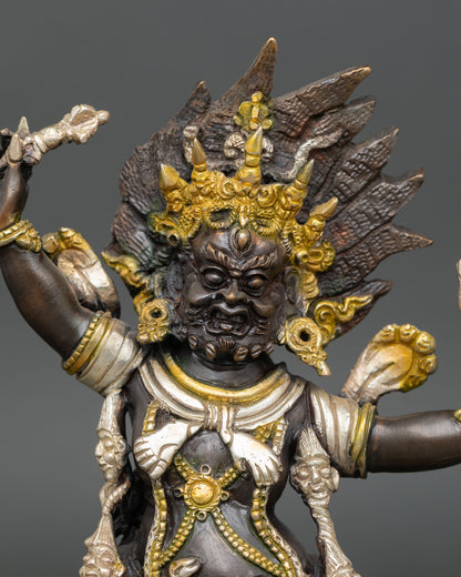 Guru Dragpo Statue close-up, flaming halo lotus pedestal, oxidized copper, handmade Nepal