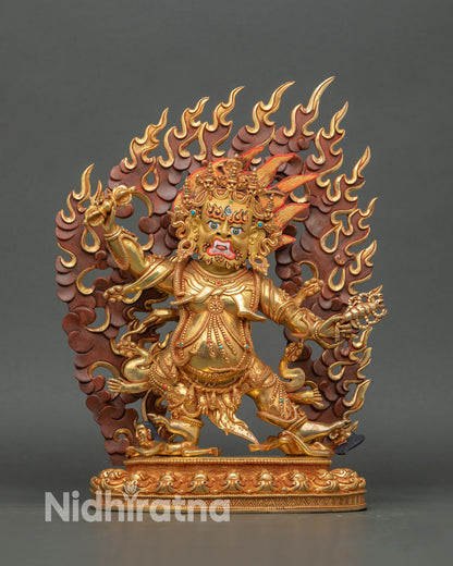 Guru Dragpo statue front view gold fire gilded copper sculpture handmade in Nepal showing wrathful Padmasambhava form with blazing halo and lotus base.