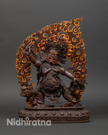 Guru Dragpo statue front view oxidized copper wrathful Padmasambhava blazing halo lotus seat Nepal artisan