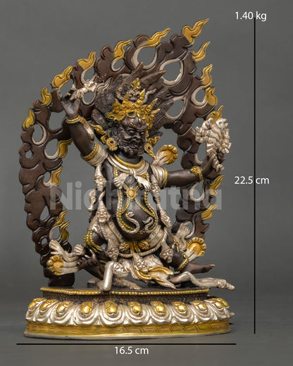 Guru Dragpo Statue right side view, vajra hand flaming halo, oxidized copper Nepal