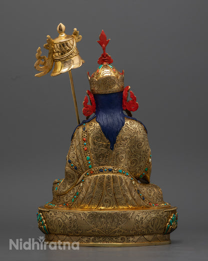 Guru Norlha Statue back view, gold gilded copper Padmasambhava sculpture