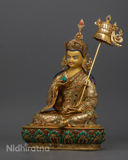 Guru Norlha Statue left side view, 24K gold gilded copper sculpture
