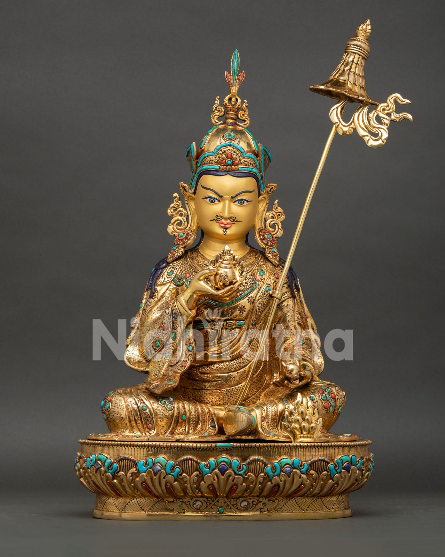 guru orgyen norlha statue, handcrafted copper buddhist wealth deity with 24k gold gilding