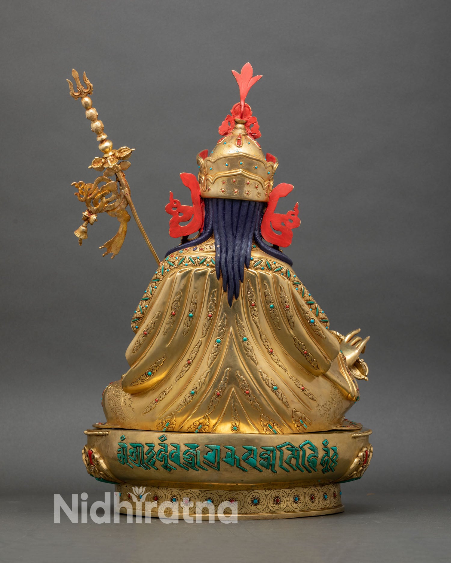 Guru Padmasambhava statue back lotus seat engraved mantra with turquoise stones