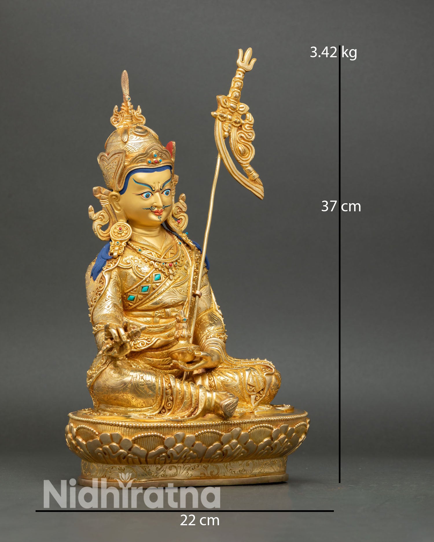 Guru Padmasambhava statue side view copper gold gilding semi precious stone detail himalayan art