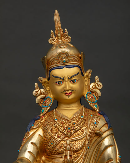 Guru Padmasambhava Statue with gold painted face, semi precious stones and ornate details