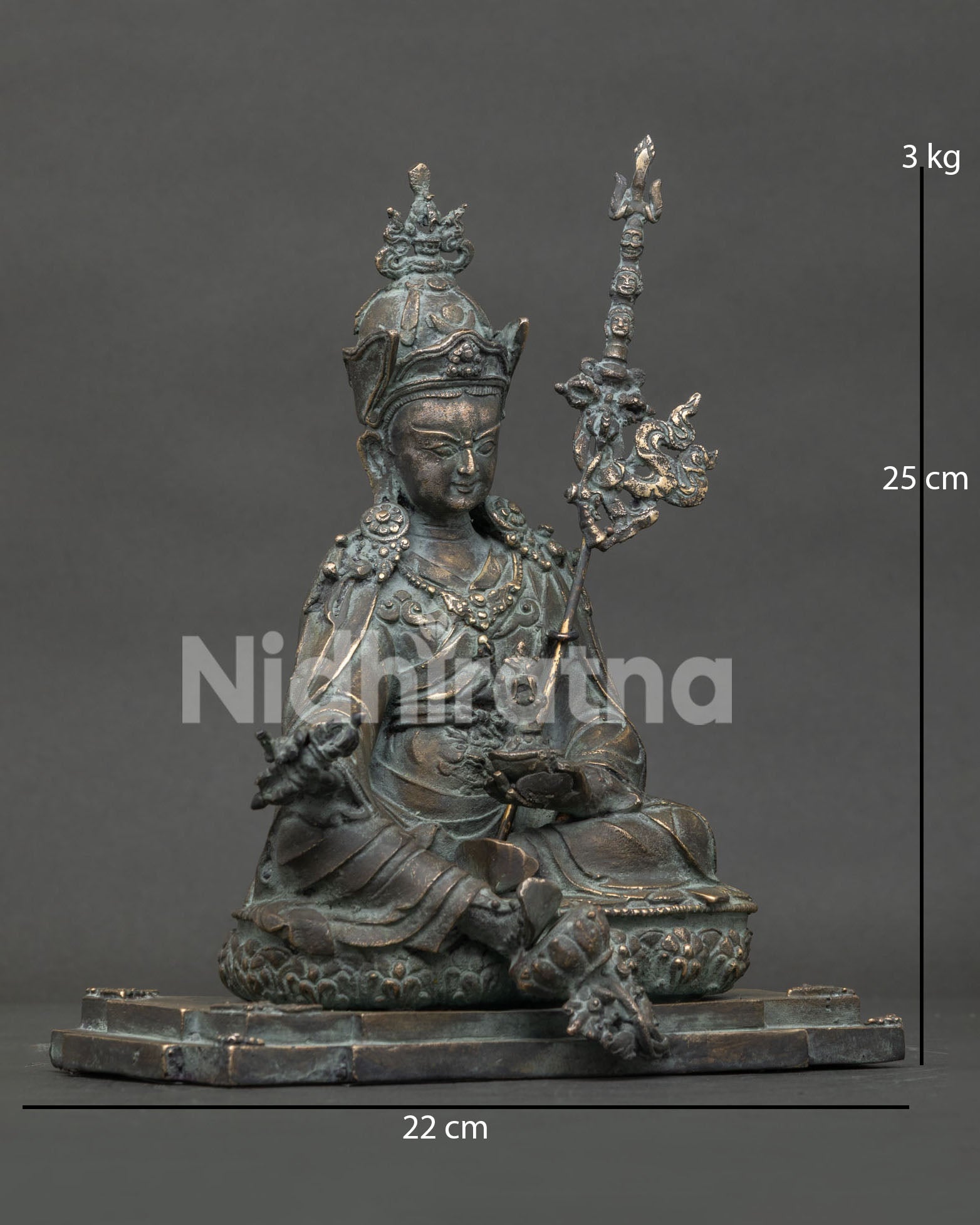 Guru Rinpoche bronze statue right-side view with vajra and kapala
