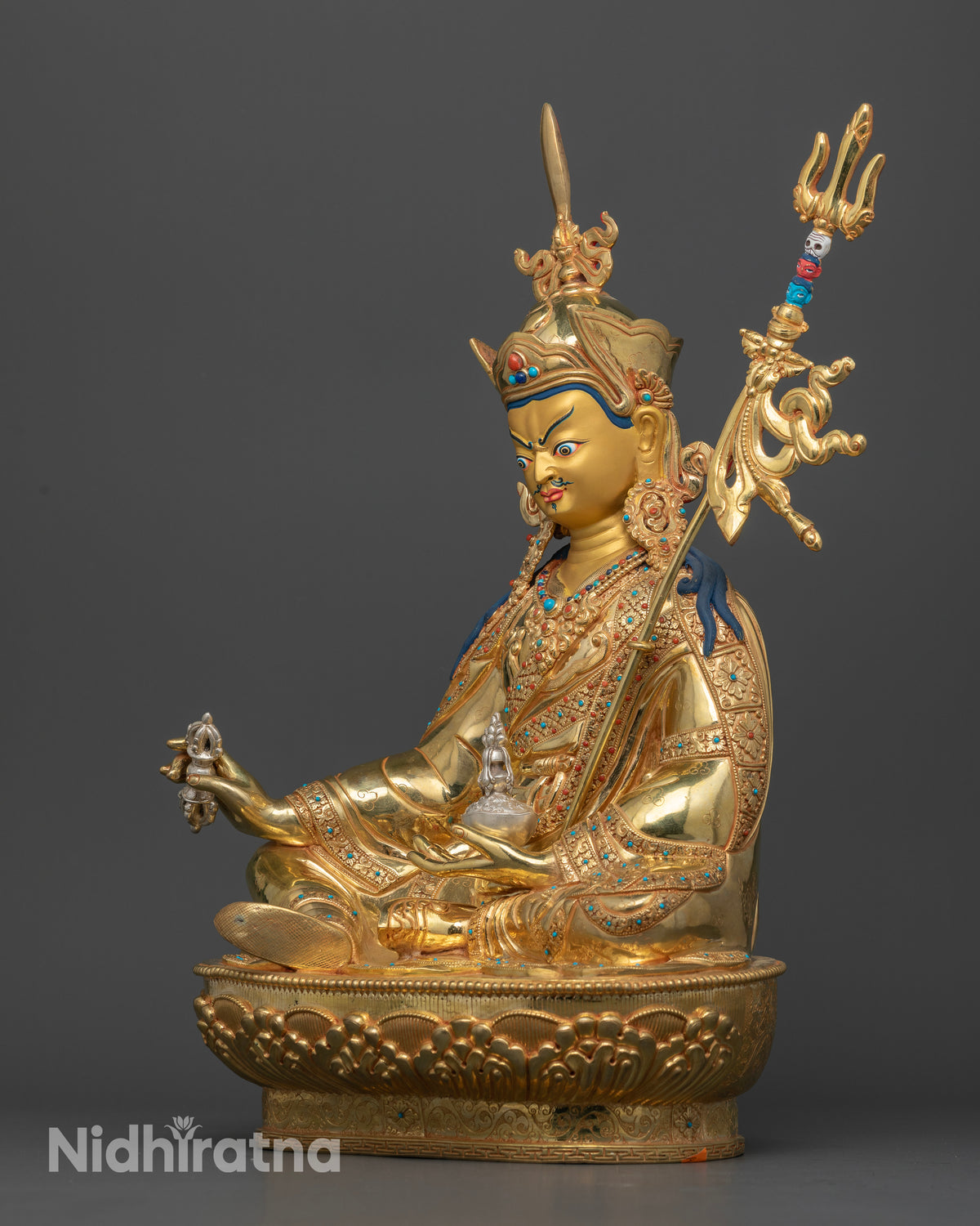 Guru Rinpoche Buddhist statue semi precious stones carved floral robe