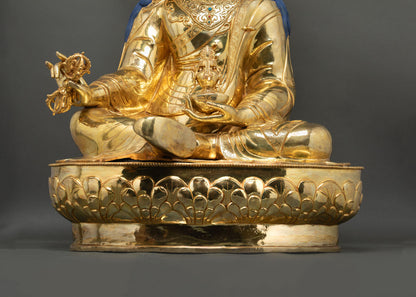 Guru Rinpoche lotus pedestal front detail with carved floral patterns and traditional Buddhist design