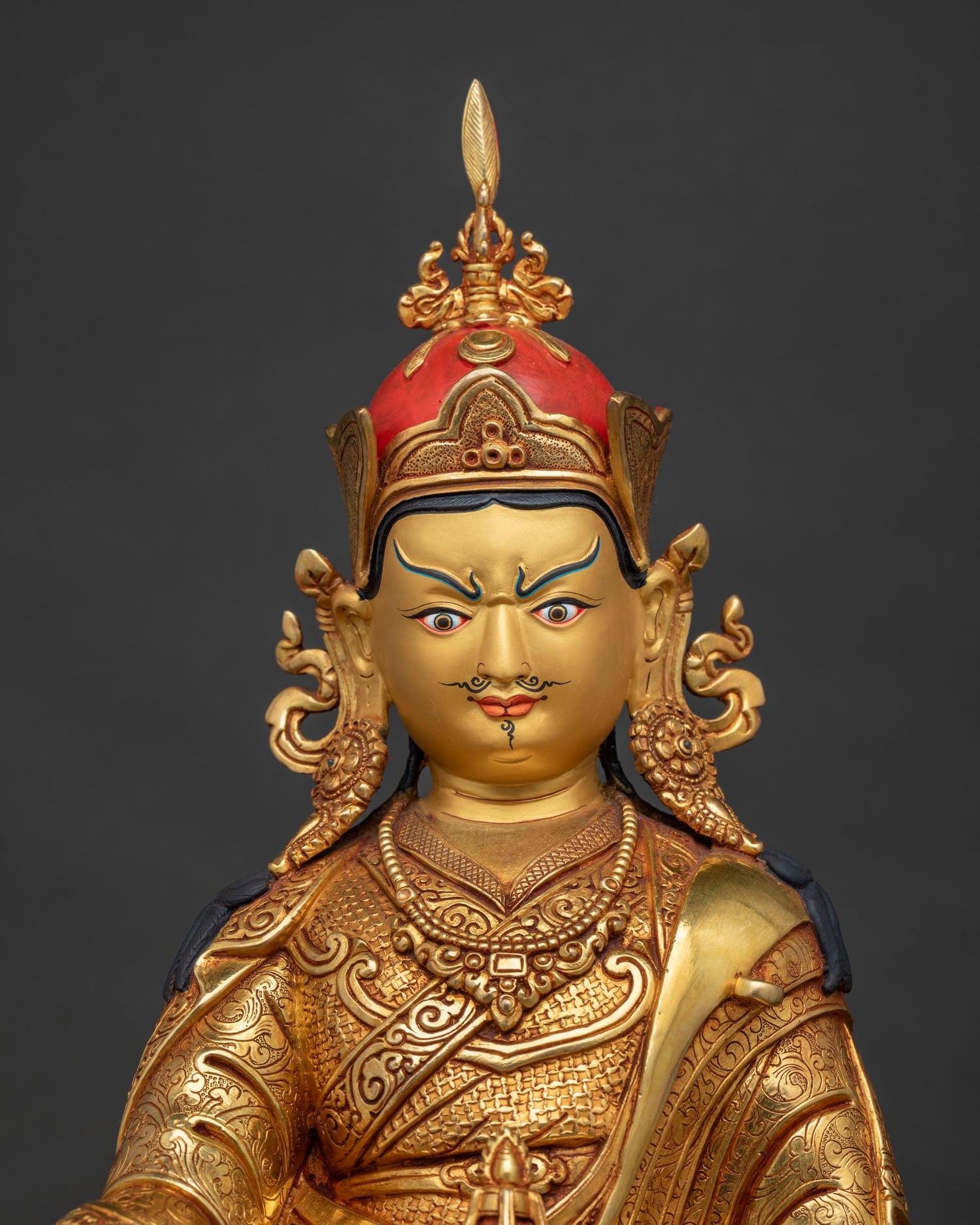 Guru Rinpoche Padmasambhava Statue 24K Gold Gilded Copper Regular Close Up