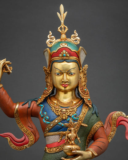 Guru Rinpoche Padmasambhava statue close-up, ornate crown and jeweled halo detail