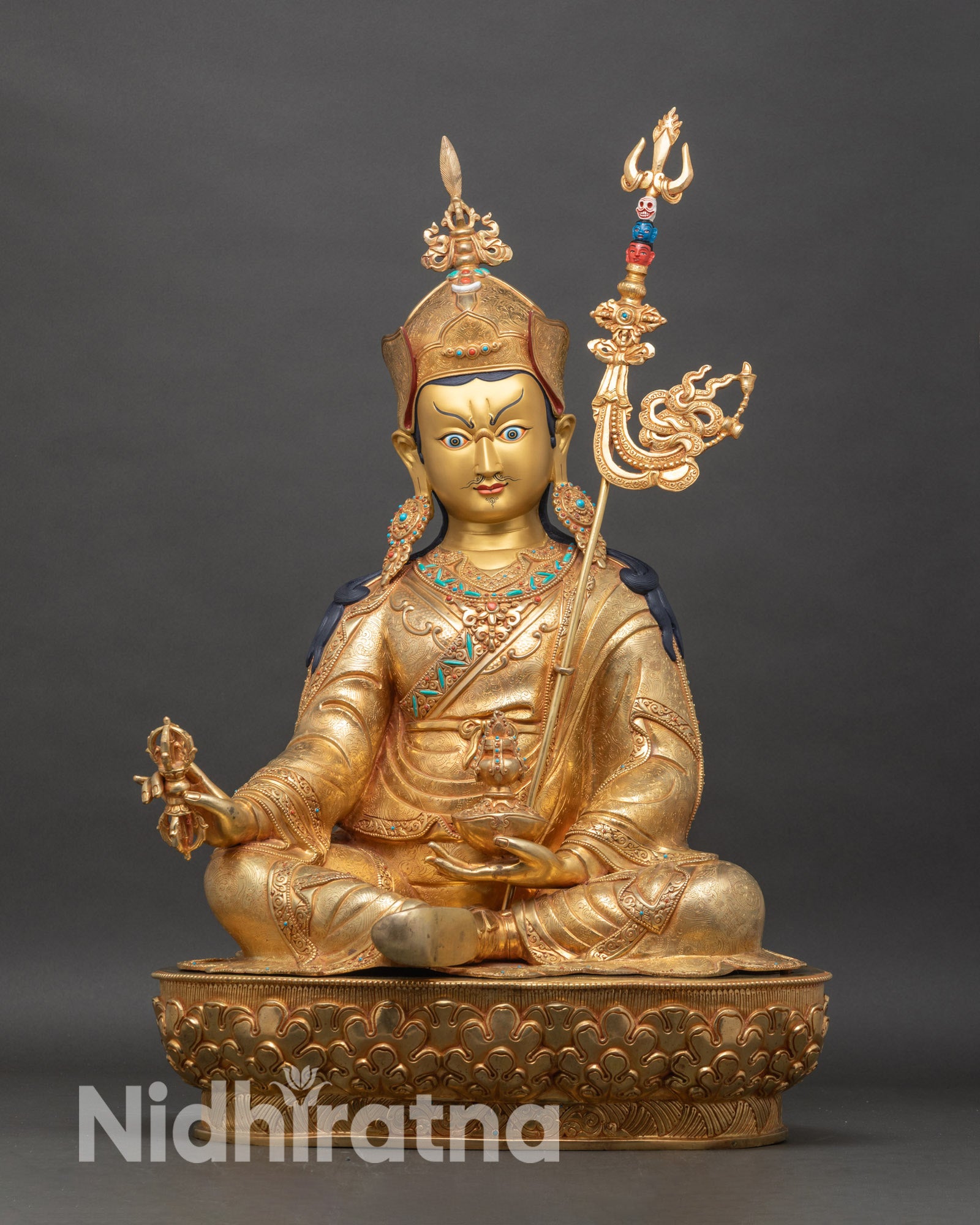 Guru Rinpoche Padmasambhava statue front view large copper fire gilded Buddhist statue from Nepal