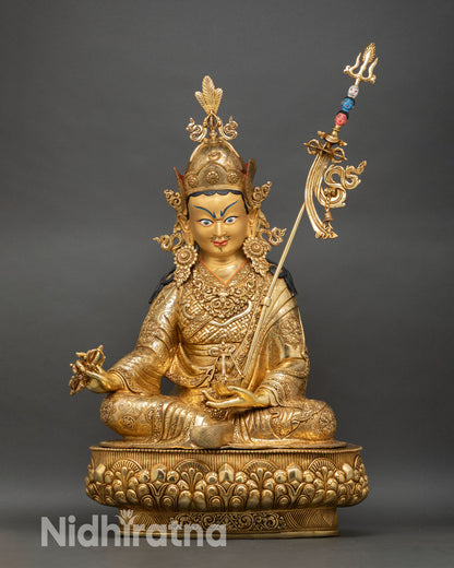 Guru Rinpoche Padmasambhava statue front view, life-size copper sculpture with triple gold fire gilding for monastery altar display