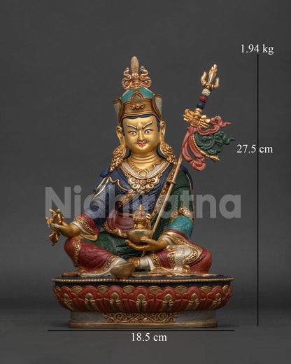 Guru Rinpoche Padmasambhava statue front view with gold gilding and acrylic details