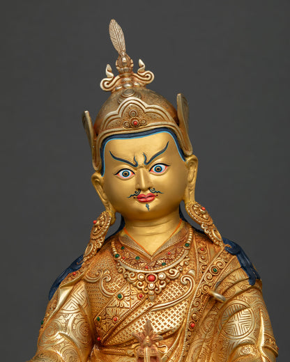 Guru Rinpoche Sculpture with Gold-Painted Face, Semi Precious Stones and Floral Carvings
