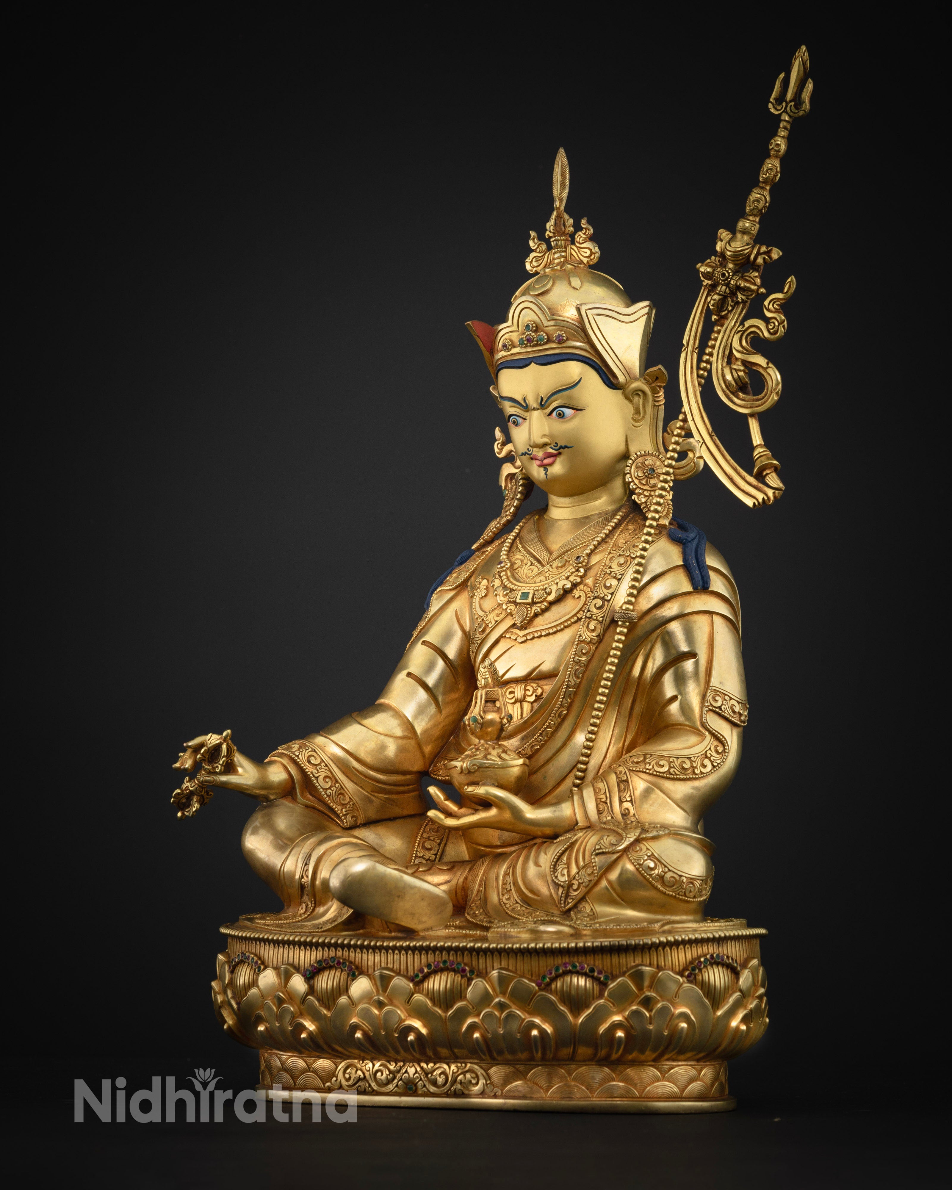 Guru Rinpoche sculpture with three layers of pure gold gilding details
