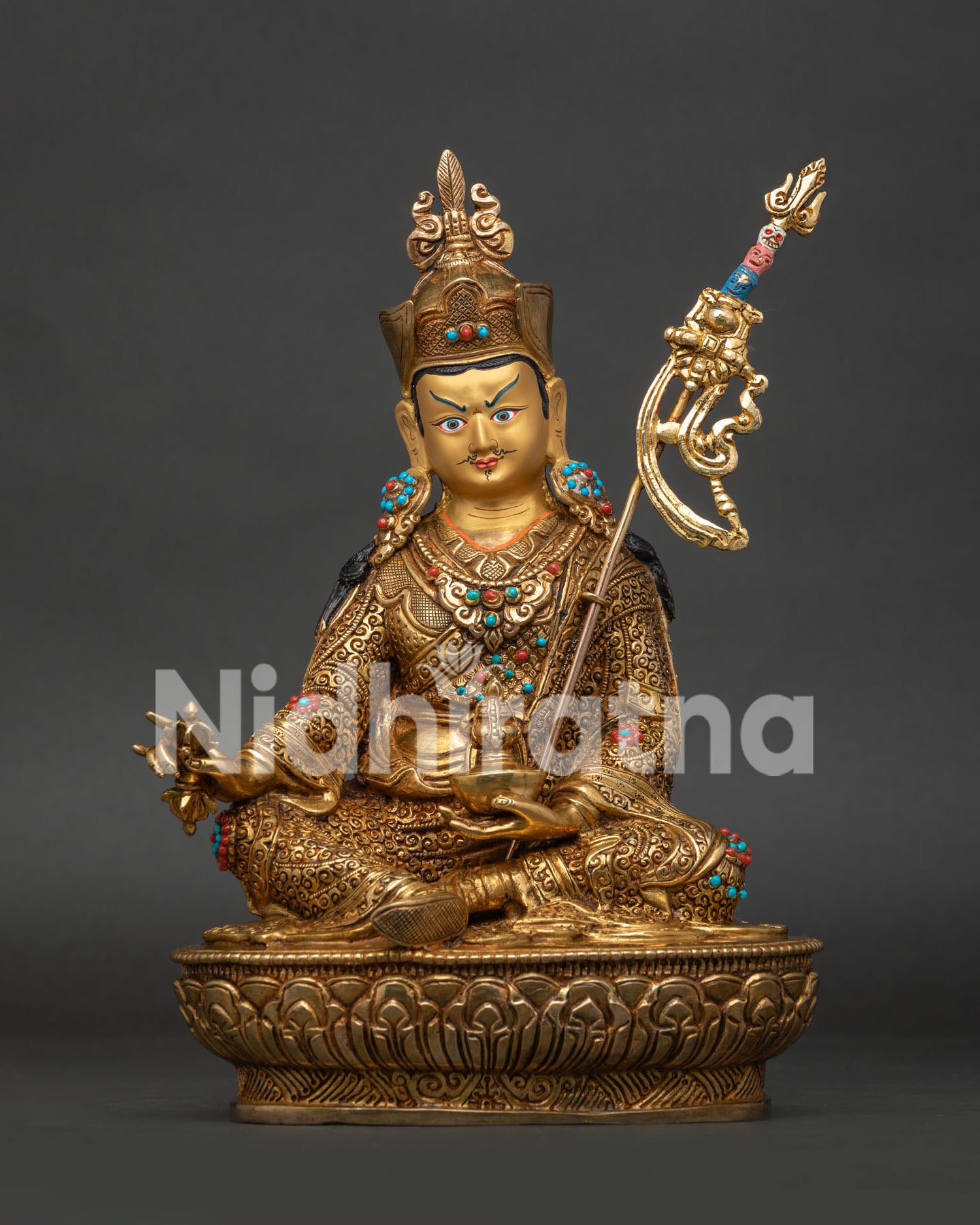 Guru Rinpoche Statue 24K Gold Fire Gilded Copper Lotus Pedestal Front View.