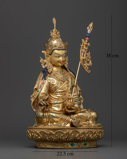 Guru Rinpoche statue with 24K gold fire gilding and semi-precious stones