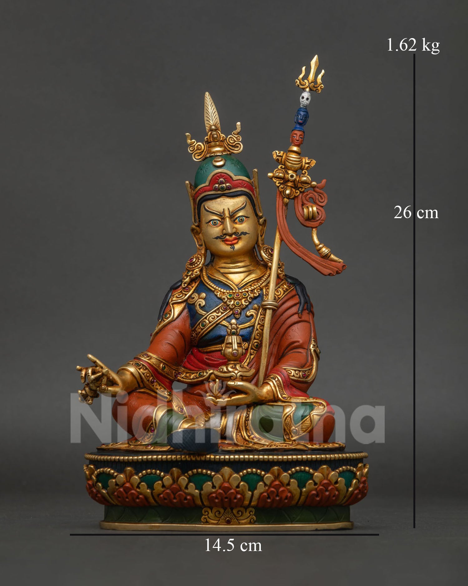 Guru Rinpoche Statue 24K gold gilded copper Padmasambhava front view