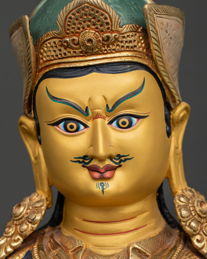 Guru Rinpoche Statue 24K Gold Painted Face Detailed Close Up