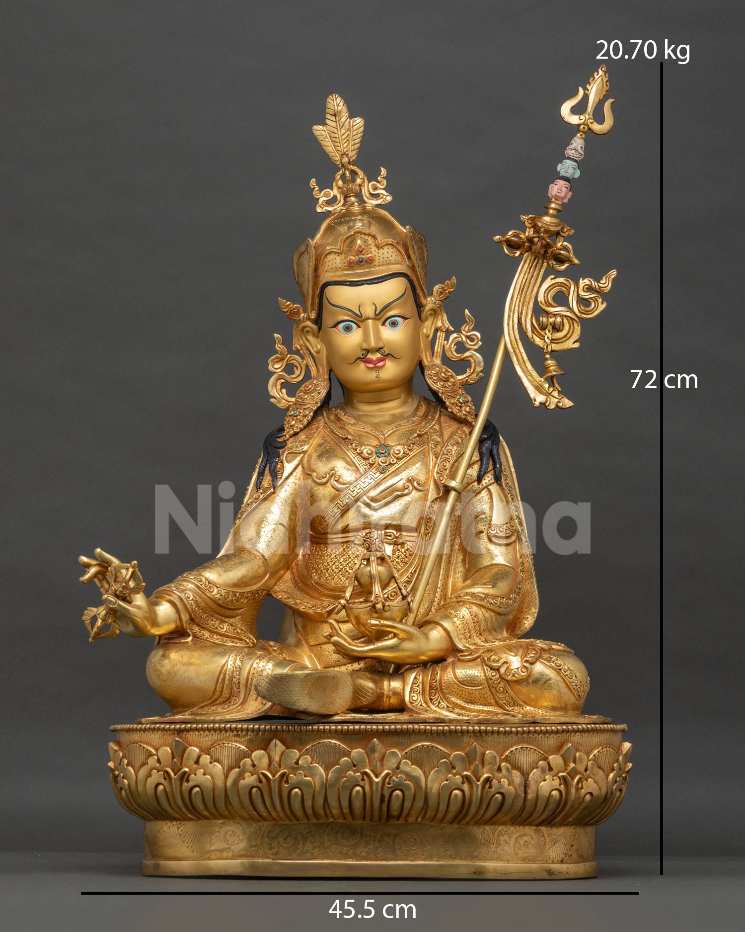 Guru Rinpoche Statue, 72cm Luminous Gold Fire-Gilded Padmasambhava in Royal Yogic Form