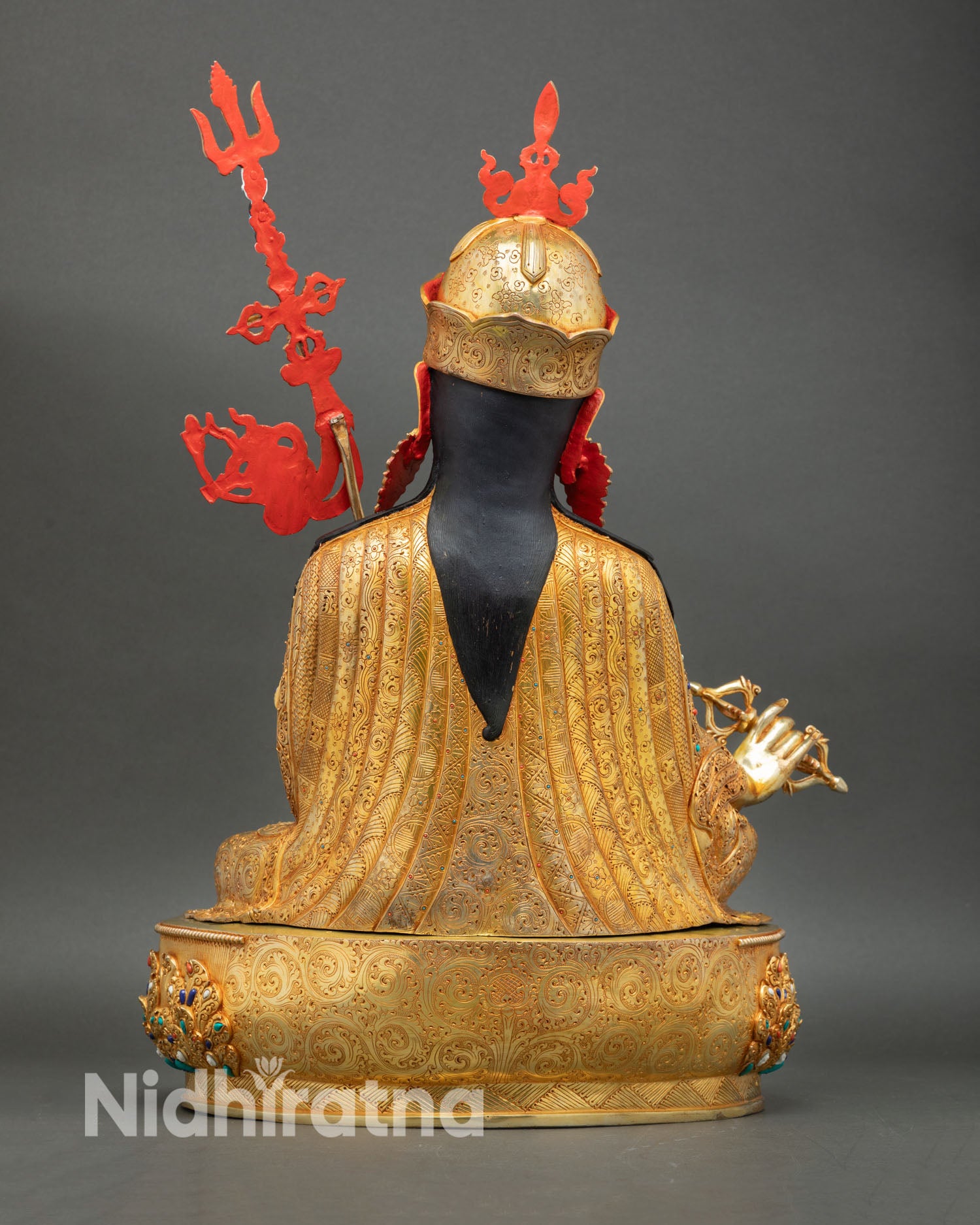 Guru Rinpoche statue back view detailed regalia flowing banner khatvanga trident copper lost wax casting sacred art