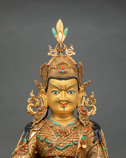 Guru Rinpoche statue close up gold painted face vajra detail Padmasambhava Tibetan Buddhist sacred art